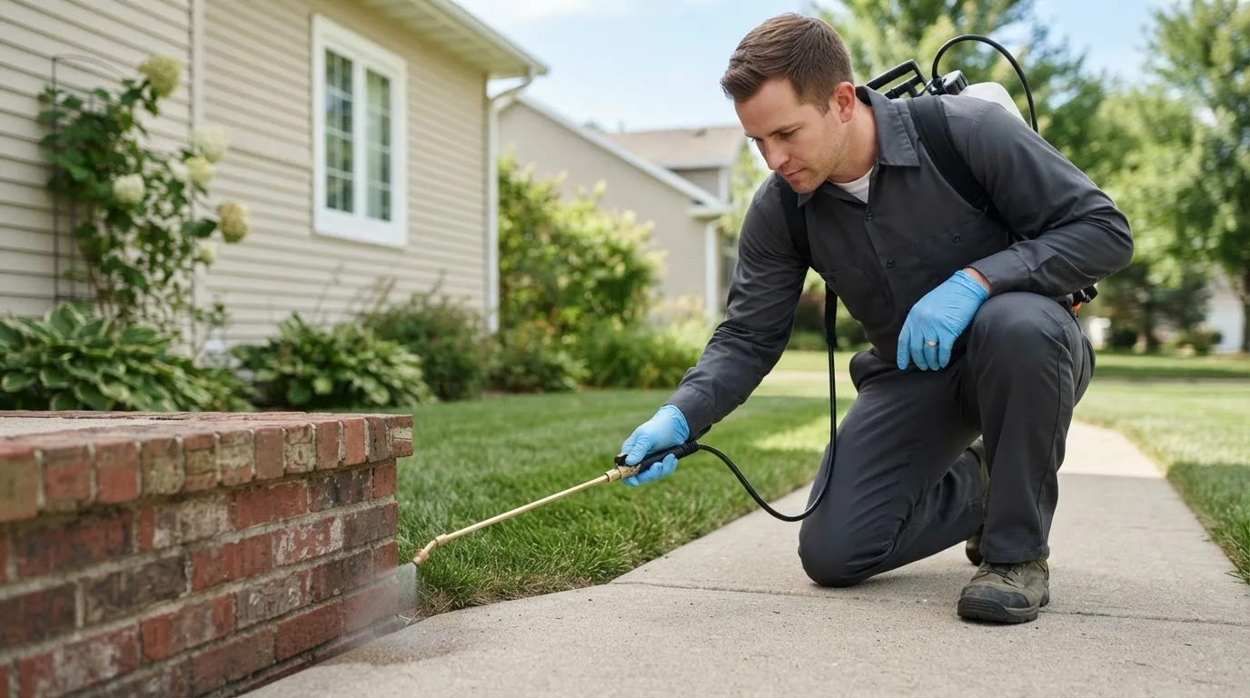 Pest control technician treating a home near Calmar, IA