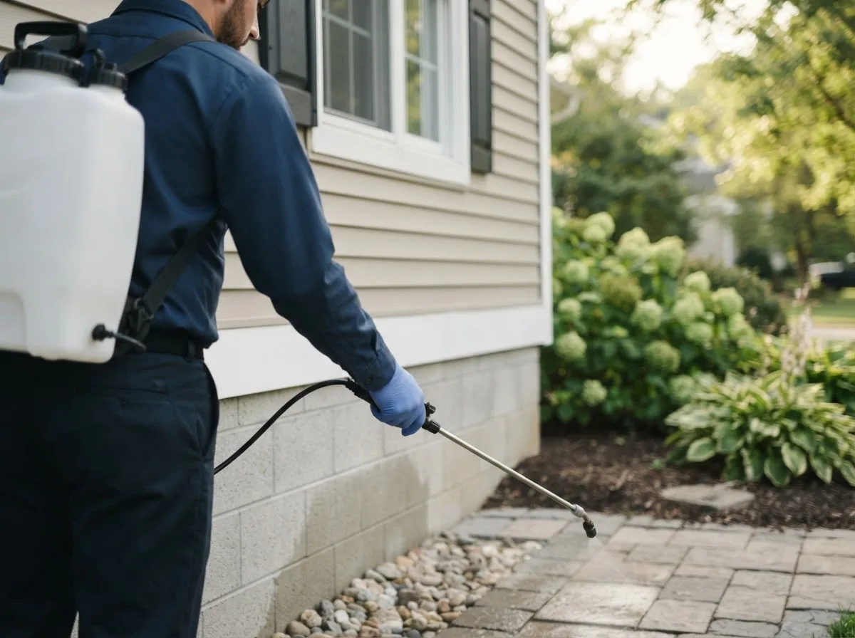 Pest control technician inspecting a home in Calmar, IA